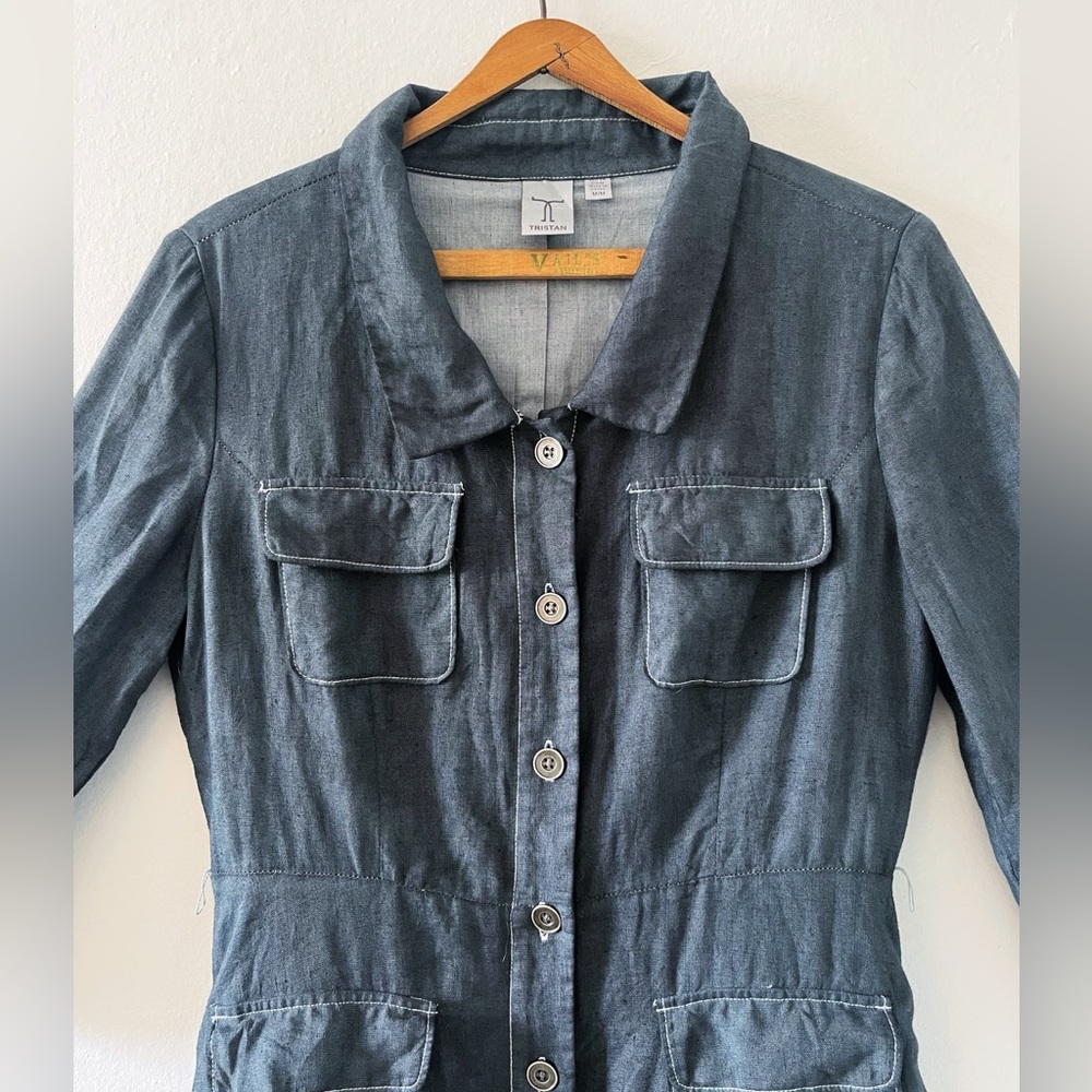 Tristan Light Linen Utility Shirt Dress | Medium | Contrast Stitching, Pockets - Picture 2 of 5